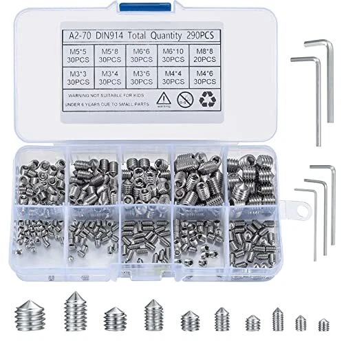 290 Pièces Vis Sans Tête Hexagonale, Vis à Tête Conique, M3/M4/M5/M6/M8 Vis Sans