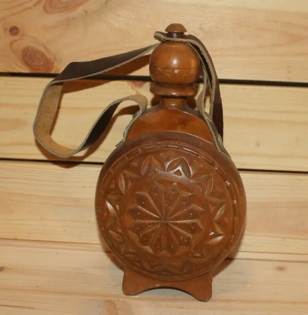 Vintage hand made folk carved wood brandy flask bottle