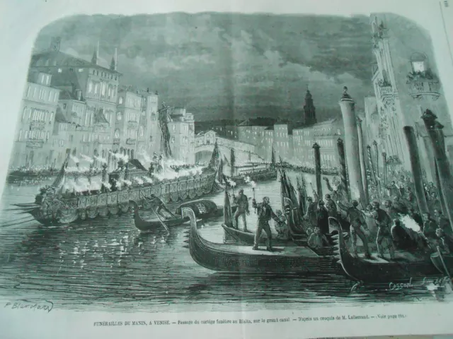 Gravure 1868 - Funérailles de Manin à Venise Rialto Italy
