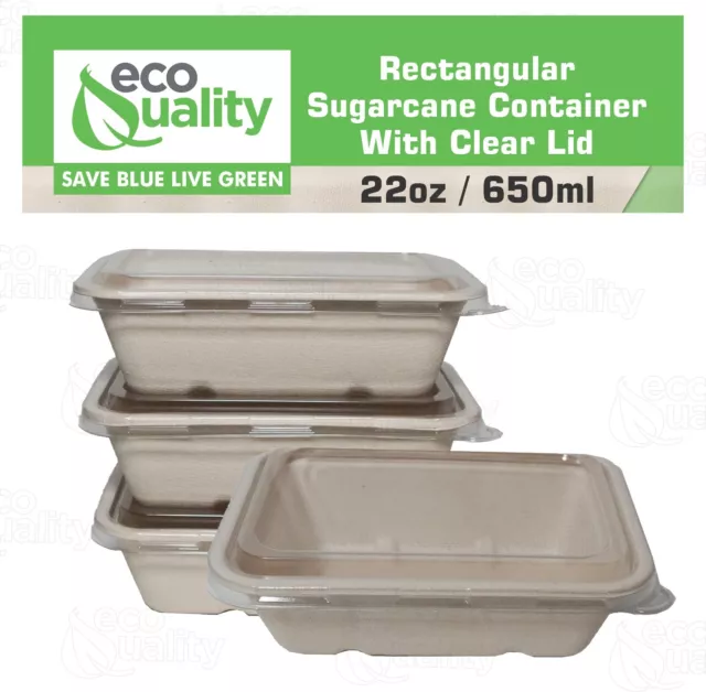 22oz Sugarcane Fiber Bowl with Sugarcane Lid Compostable Disposable Oblong 500pc
