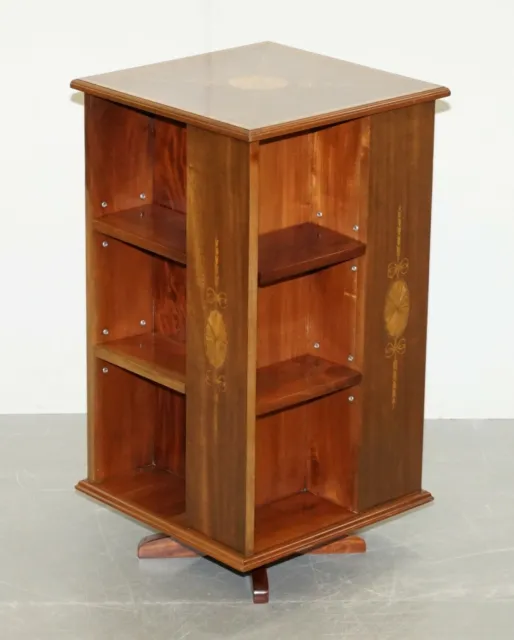 Circa 1900 Edwardian Burr Walnut & Mahogany Revolving Bookcases Sheraton Inlaid 3