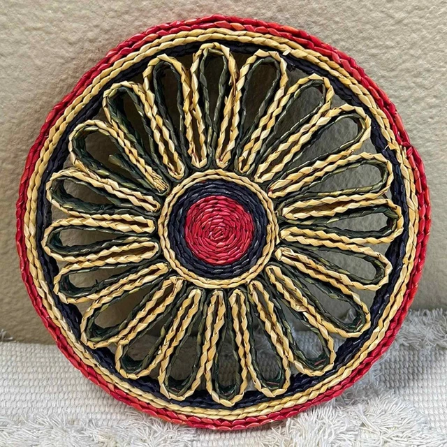 Vintage Woven Wicker Trivet Boho use as Art Basket Wall or Hot Pad Flower Round