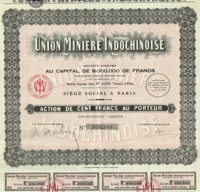 INDOCHINA MINING UNION stock certificates 1928