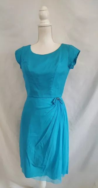 60S VINTAGE TURQUOISE Cocktail Dress Boat Neck Bow Detail Crepe Overlay ...