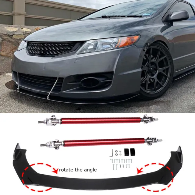 Glossy Black Front Bumper Lip Spoiler Splitters Body Kit + Strut Rods For Honda