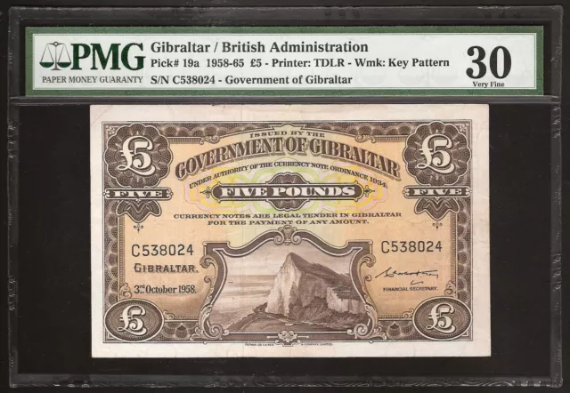 GIBRALTAR  5  POUNDS  1958  P:19a  VERY FINE