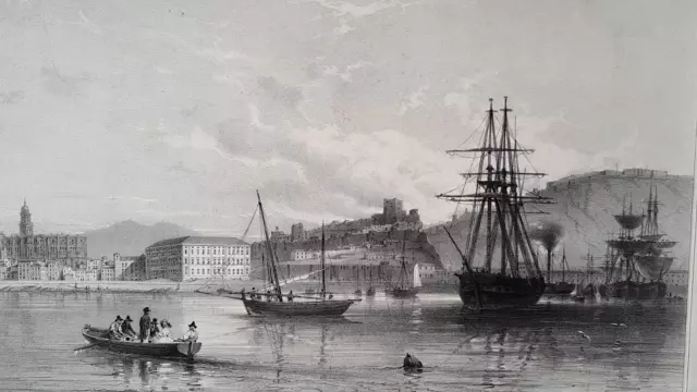 Grande lithographie  originale paysage portuaire port avec navires XIXème