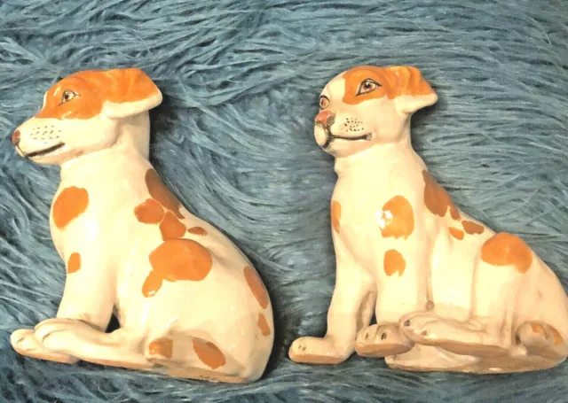 Pair Italian faience terracotta majolica tin glazed dogs hand painted marked 6"