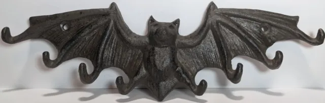 Gothic Bat Vampire Spooky Cast Iron 8 Hook Wall Mount Plaque Key Holder