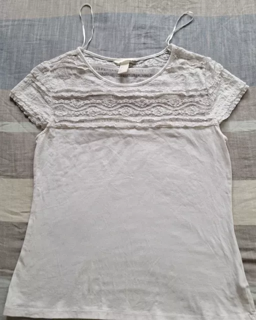 H&M Womens Lace Blouse Shirt Top Large L White Short Sleeve Cotton Stretchy