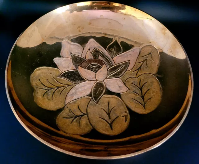 Brass Enamel Pedestal Plate Dish Flower Lotus Leaf Design