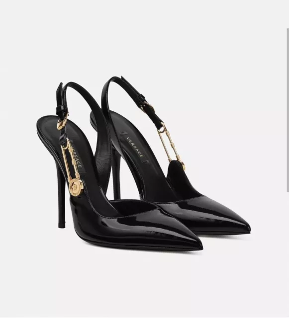 Versace Safety Pin Medusa Patent Leather Slingback Pumps Black 37 