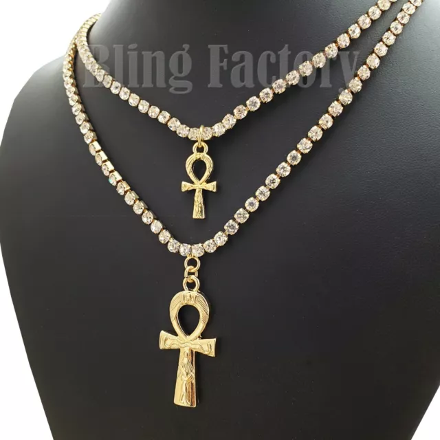 Iced Double Ankh Cross Pendant w/ 3mm 16" & 18" 1 Row Tennis Chain Necklace