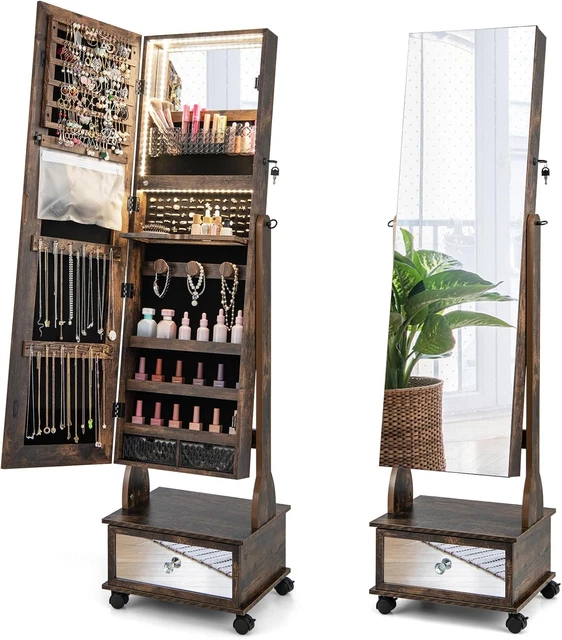 Portagioie Con Specchio SONGMICS - Armadio Organizer Con Luci LED E Cassetti Girevoli