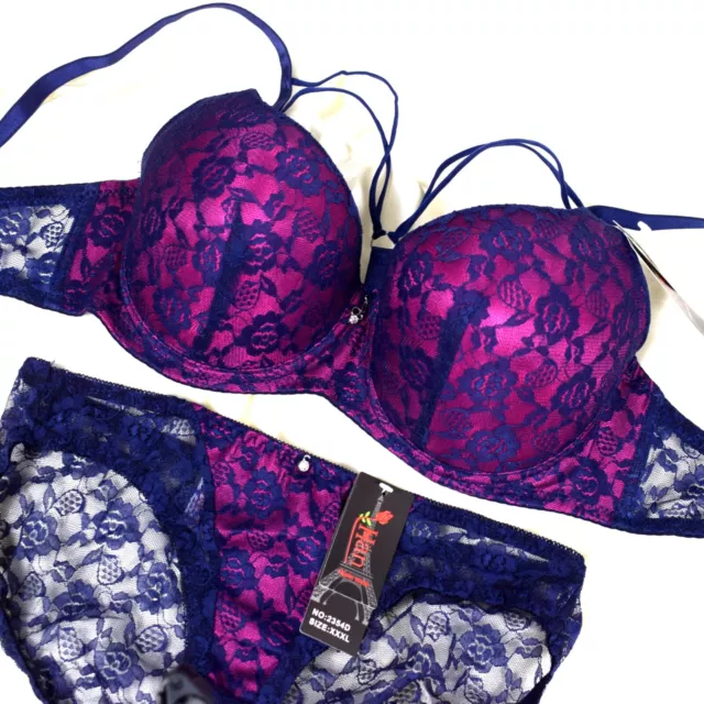 Sexy Bra Set Padded Dark Navy Pink Lace Ladies Underwire Lingerie Briefs