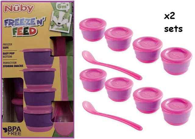 Nuby Freeze N Feed 8 x ollas con tapas + 2 cuchara de alimentación rosa/púrpura