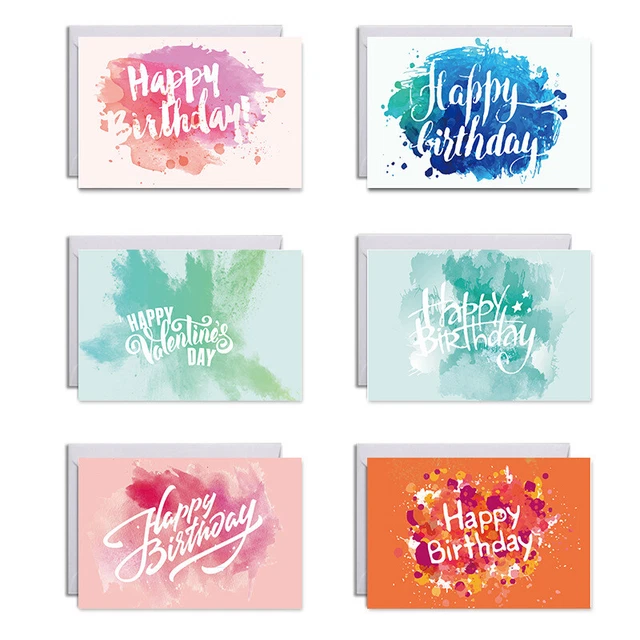 6 pcs Ink Watercolor Printed Happly Birthday Greeting Cards w/ 6 Envelopes Set