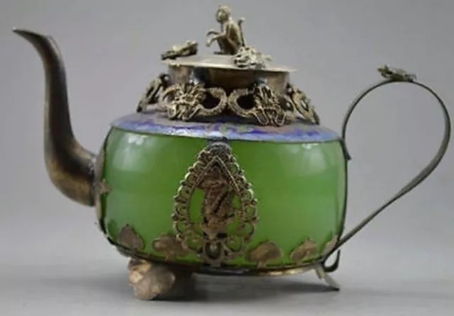 Collectible Decorated Old Handwork Jade & Tibet Silver Dragon Tea Pot Monkey