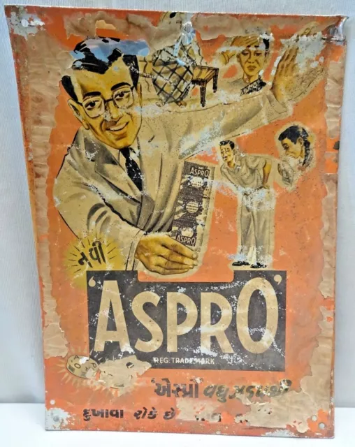 Vintage Étain Signe Chimiste BAYER ASPRO Pour Fever Et Pain Publicité Shop Disp