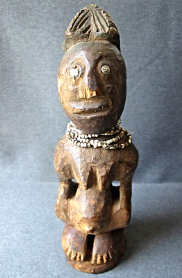African Songye DRC carved wood, metal & glass beads female power figure