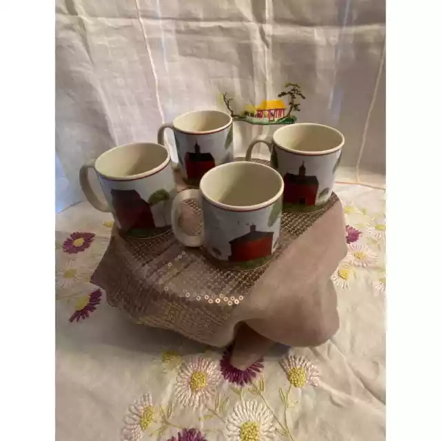 Vintage 1998, Set of Four (4) Warren Kimble “Barns” Mugs / Cups, Coffee / Tea