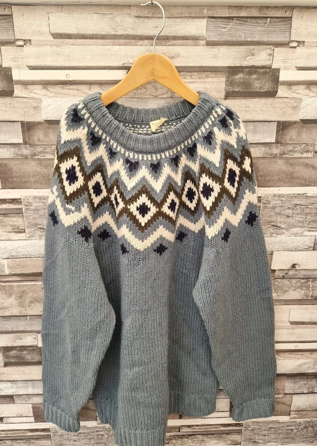 Mens Vtg 90S Blue Icelandic Fairisle Pattern Acrylic Pullover Thick Knit Jumper
