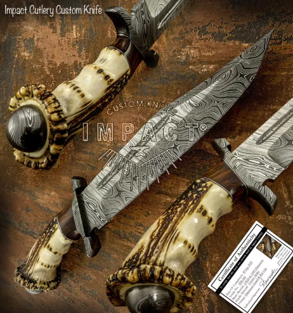 Hand Made By Impact Cutlery  Custom Damascus Bowie Knife Crown Antler Handle