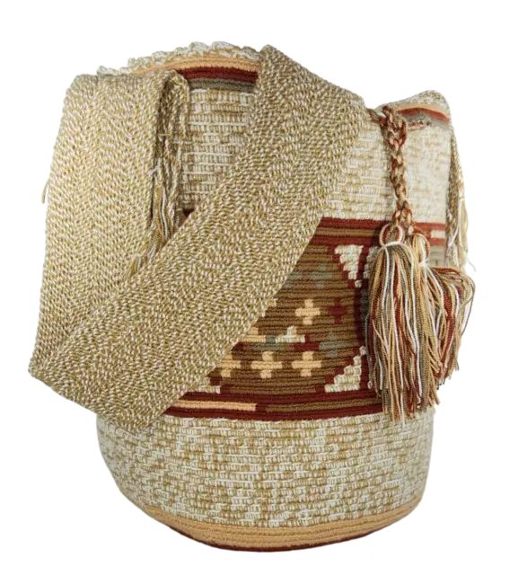 Wayuu Colombian Bag Woven by Tribe Exclusive Design Camel White Tassels Crossbod
