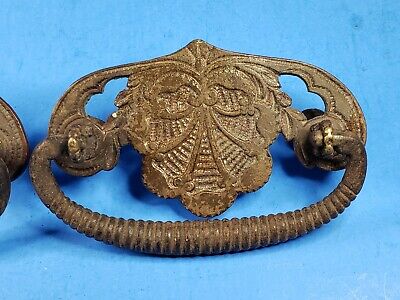 2 Vtg. Drop Bail Drawer Pull Handle Cabinet Solid Brass Back Plate 2 Posts Pair 3