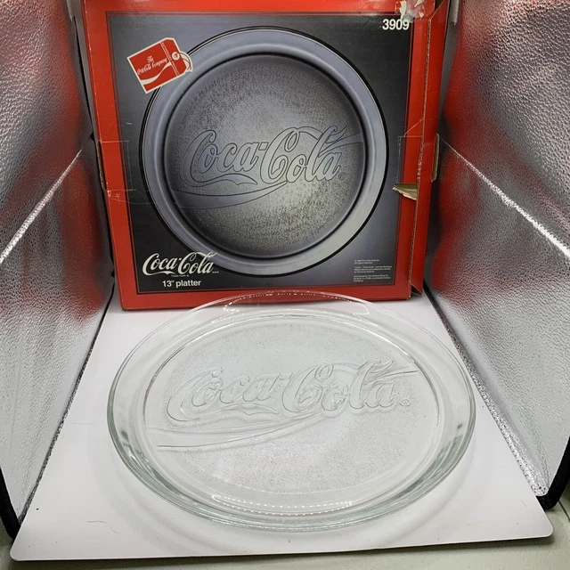 Vintage 1990 COCA-COLA 13” Clear Glass Logo’d Round Serving Platter WITH BOX!