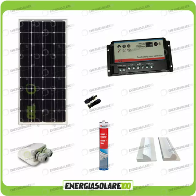 Kit Solare Camper 100W 12V Monocristallino Regolatore Doppia Batteria Accessori