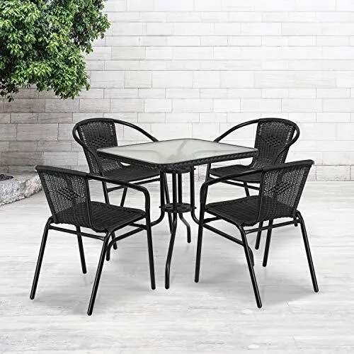 28'' Square Glass Metal Table with Black Rattan Edging and 4 Black Rattan Sta...