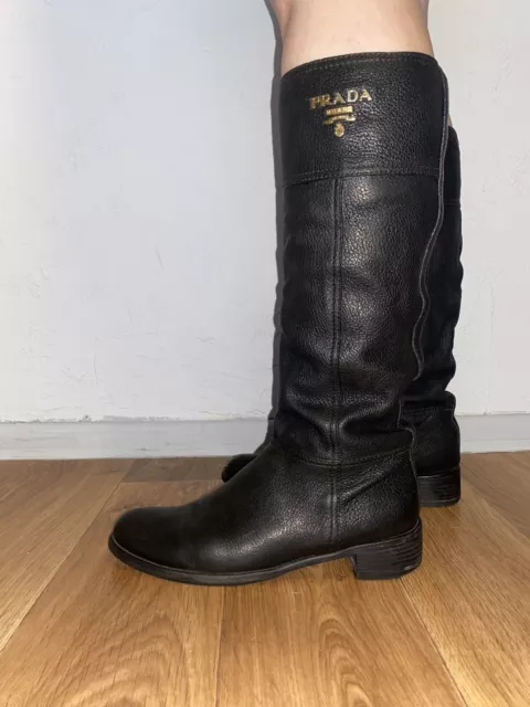 Rare Prada Women's Black Grained Leather Logo Riding Knee High Boots Size 38