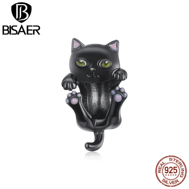 Bisaer Women Authentic S925 Sterling Silver Cartoon cat Bead Charm Fit Bracelets