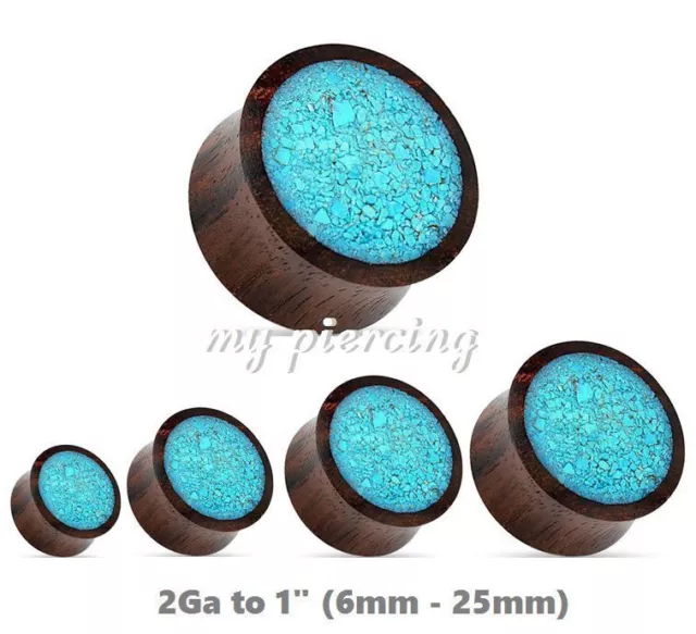PAIR of Organic Crushed Turquoise and Wood Saddle Ear Plugs