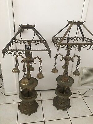 Pair Of Victorian Style Brass Ornate Candelabra Lamps Massive For Restoration