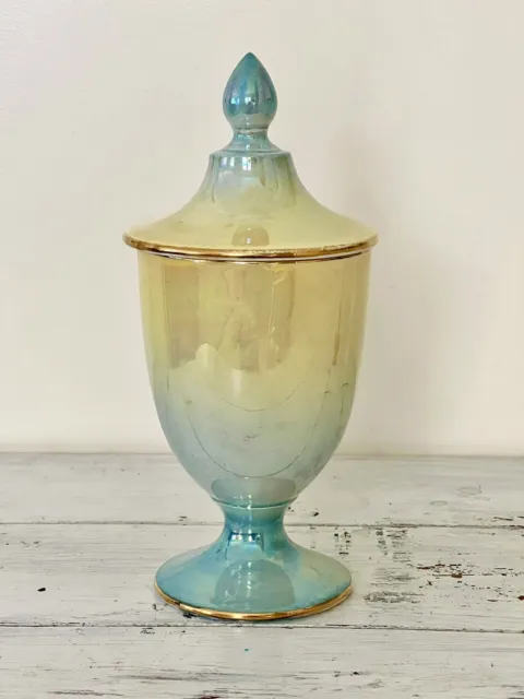 Royal Winton Grimwades Lidded Apothecary Jar Lusterware Yellow Blue HTF Vintage