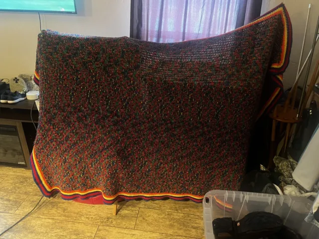Vintage Handmade Crocheted Multicolor Afghan Blanket Throw 60x72