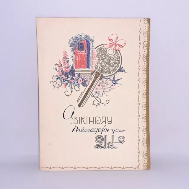 Vintage Deadstock 30s 40s 21st Birthday Message Greetings Card Gilt Printed