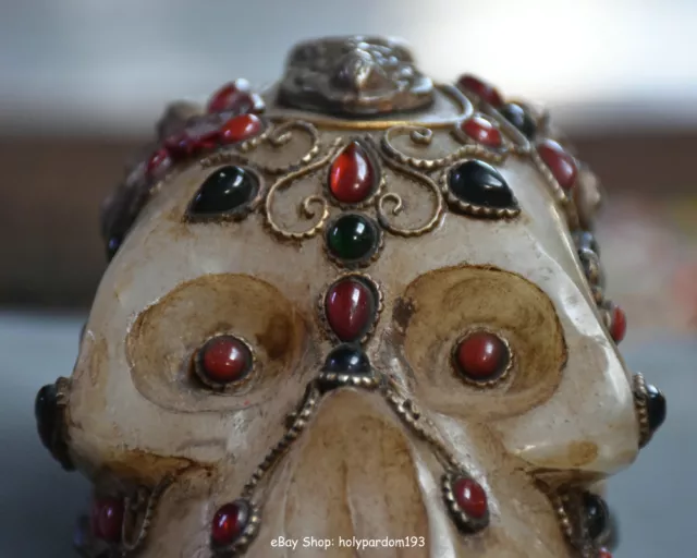 15CM Old Tibetan Buddhism crystal inlay Gem Carved skeleton Skull head Sculpture 2