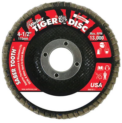 Saber Tooth Ceramic Flap Discs, 4 1/2 In, 40 Grit, 7/8 in Arbor, 13,000 Rpm