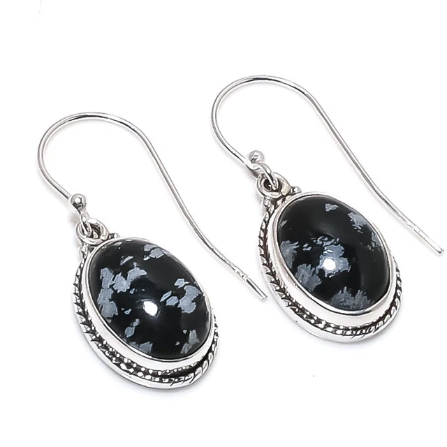 Snowflake Obsidian Gemstone 925 Solid Sterling Silver Jewelry Earring 1.25"