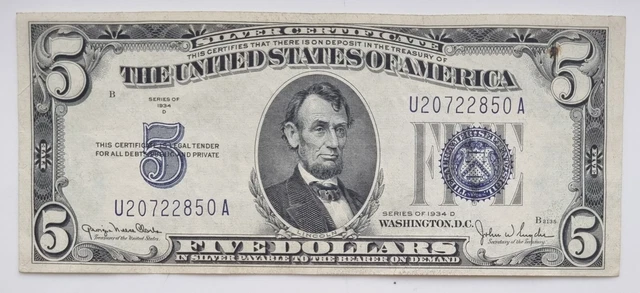 1934 D Five Dollar Silver Certificate Blue Seal Note $5 Bill Higher Grade #65512