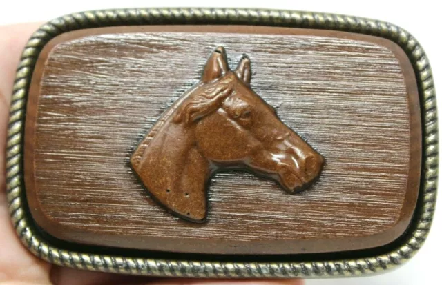Belt Buckle 3D HORSE'S HEAD Wood Look Resin & Brass Marked 682 3.25 x 2" #D9