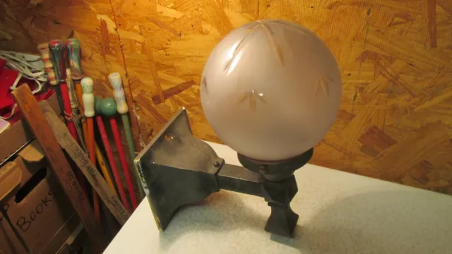 Antique Cast Iron Arts & Crafts Mission Porch Light & Wheel Cut Globe