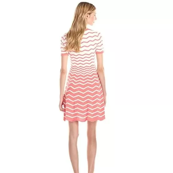 TRINA TURK Pointelle Knit Martinique Coral Chevron Zig Zag Short Sleeve Dress S 3