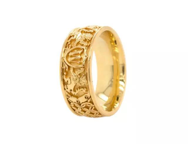 8mm Custom Initial Solid Yellow Gold Ring with Medieval Style Engravings