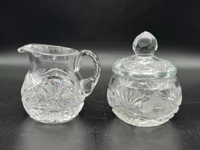 American Brilliant Cut Glass Crystal Creamer & Sugar Bowl with Lid