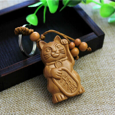 wooden cat keychain lucky fortune cat keyring car keytag gift for women & men
