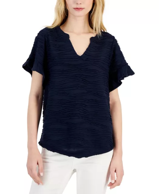 NWT Ady P Shirt Top Womens Size Small Navy Blue Short Flutter Sleeve Pullover